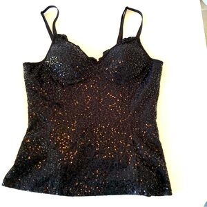 NWOT Forever 21 XXI Black Sequin Bustier, Tank Camisole Women’s L, Ruffle Detail